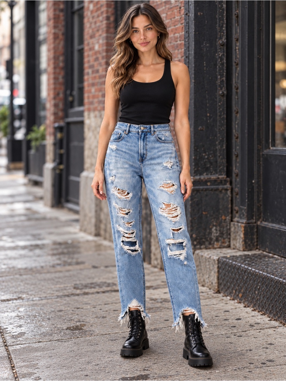 American Eagle Mom Jeans Distressed Ripped Stretch Light Wash Size 4 Regular